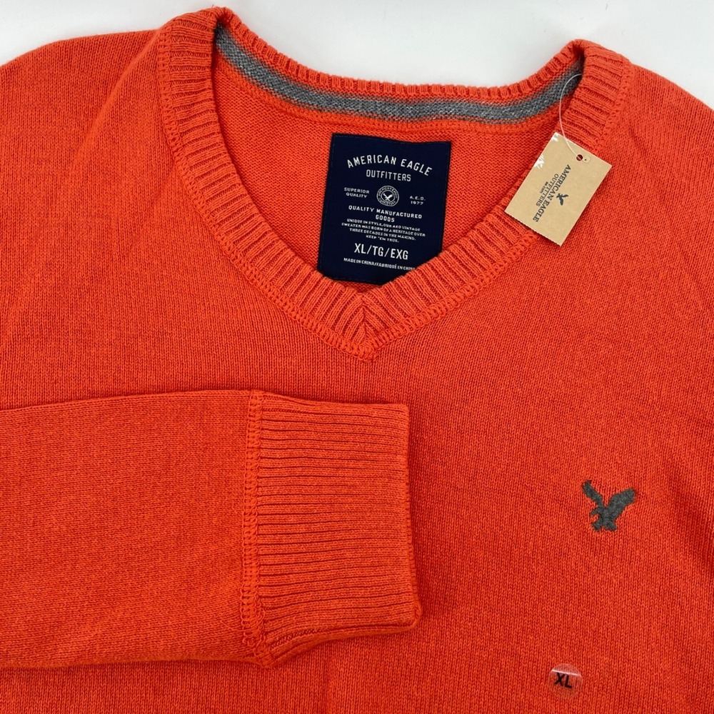 American Eagle Men's Size XL Orange V-Neck 100% Cotton Knit Eagle Logo Sweater
